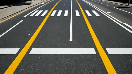 Yellow and white road markings displayed on black asphalt street with pedestrian crosswalk and lane dividers. Transportation concept
