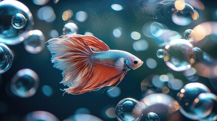 A betta fish flaring its fins inside a floating bubble world