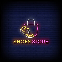 shoes store neon sign with brick wall background vector