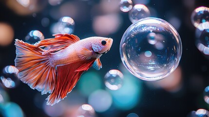 A betta fish flaring its fins inside a floating bubble world