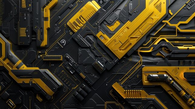 Discover a striking futuristic background featuring vibrant yellow and deep black. Perfect for sci-fi themes, this design showcases intricate technology patterns and a modern aesthetic. Ideal for