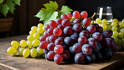 Fresh green and purple grapes placed on rustic wood surface with vine leaves for organic harvest setting. Food concept
