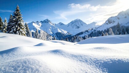 Fototapeta premium Snow-covered alpine landscape under a bright blue sky. A sunlit scene with snow-covered mountains and evergreen trees. Textured foreground snow with natural light.
