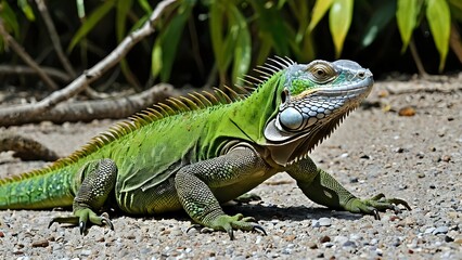 Fototapeta premium Green iguana walking confidently across dry sandy terrain under sunlight with vibrant scales and tropical foliage in natural reptile habitat 