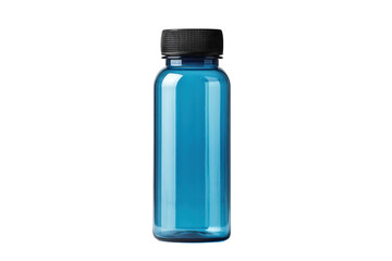 Blue plastic water bottle with black cap on black background, cut out