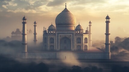 Obraz premium Sunrise bathes Taj Mahal in golden light with evoking timeless beauty and serene morning atmosphere for iconic architectural wonder concept.
