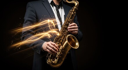 A Saxophonist in a dark setting, with golden light trails