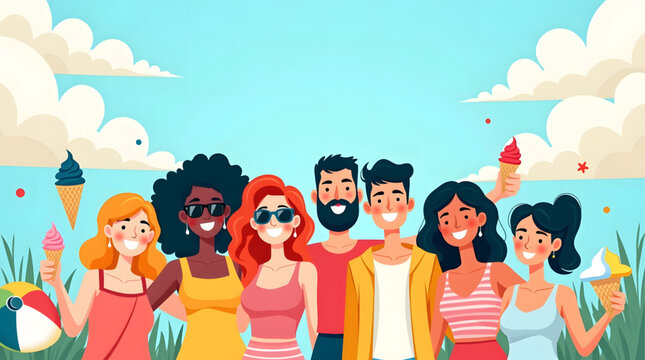 illustration captures the essence of a joyful summer day at the beach, featuring a diverse group of friends basking in the warm sun. The scene is filled with elements that evoke a sense of relaxation