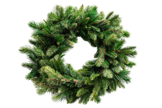 Green pine christmas wreath on black background, cut out