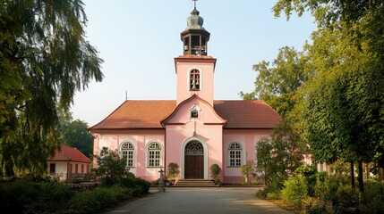 Naklejka premium Serene Pink Church in a Lush Garden