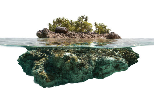 Tropical island and coral reef split-level view of marine ecosystem, cut out