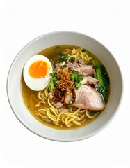 Pork broth with noodles and egg isolated on white background for Asian cuisine or comfort food concept