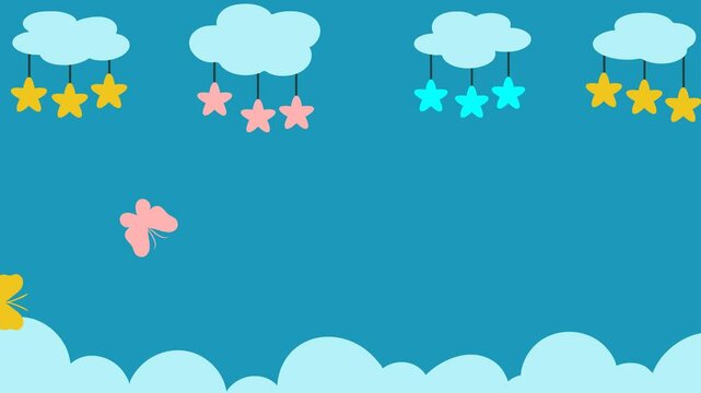 Night sky background animation with hanging stars on the clouds and flying butterflies for video intro or ending