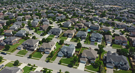 Aerial view of a densely populated suburban neighborhood with manicured lawns