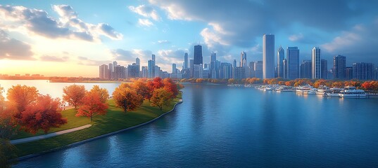 Naklejka premium Beautiful autumn sunset illuminating chicago city skyline above the lakefront at dusk