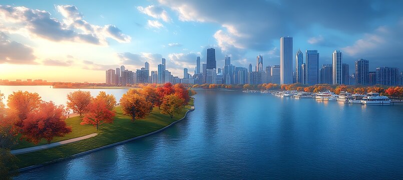 Beautiful autumn sunset illuminating chicago city skyline above the lakefront at dusk