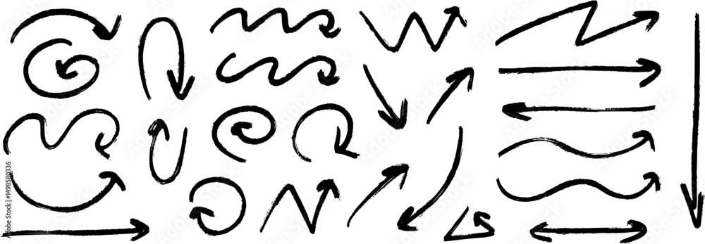 Poster hand drawn crayon arrow collection. black curve, zig zag and straight doodle arrows set. grunge char