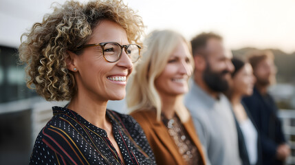 A group of diverse professionals smiling, looking off into the distance