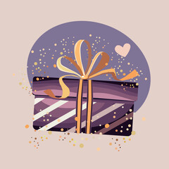 Cartoon gift box with a ribbon and confetti. Holiday illustration.