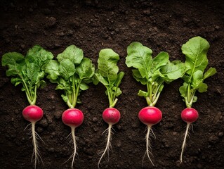 Five vibrant red radishes, freshly harvested, arranged in a neat row against dark soil, showcasing their bright green tops and clean white roots