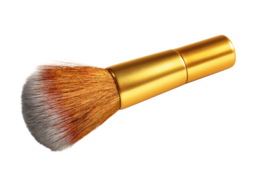 Gold makeup brush with soft bristles isolated on white background, cut out