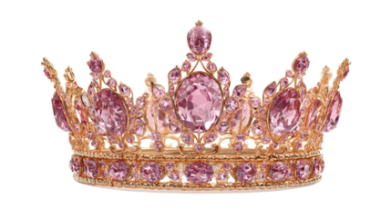 Royal Gold Crown with Pink Diamonds Isolated on Transparent Background

