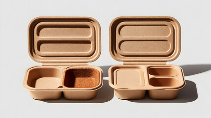 An overhead shot of two open takeaway food containers. The containers are empty, with one having a different interior color.