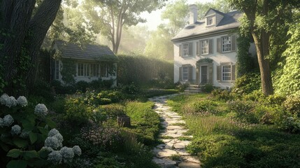 Obraz premium Serene Morning in a Lush Garden: A Picturesque Estate