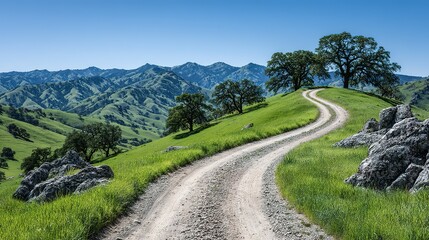 Winding dirt road through a lush green valley.