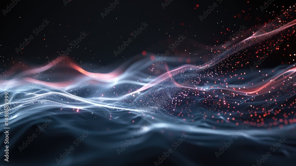 Poster abstract picture micro light sparkling particle represent data flow vivid flowing wave with high tec