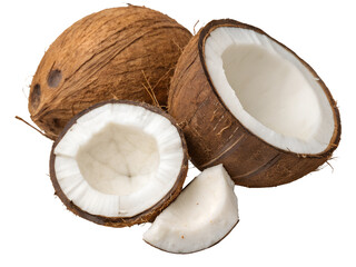 Close-Up of Coconuts and Coconut Halves Isolated on transparent background cutout, PNG file, Cutout file