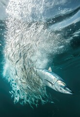 Naklejka premium A bluefin tuna chases after a school of squid, its muscular body propelling it through the water in an attempt to capture its prey. Stock