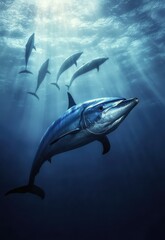 Obraz premium A bluefin tuna encounters a group of dolphins, swimming alongside them for a brief moment before continuing its pursuit of prey. Stock