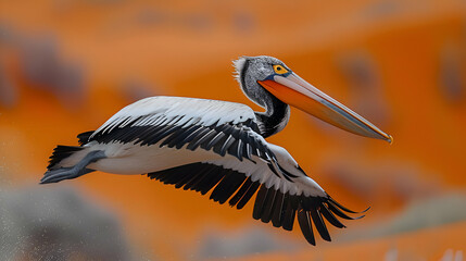 Fototapeta premium Pixel Art Pelican in Flight Over Orange Water