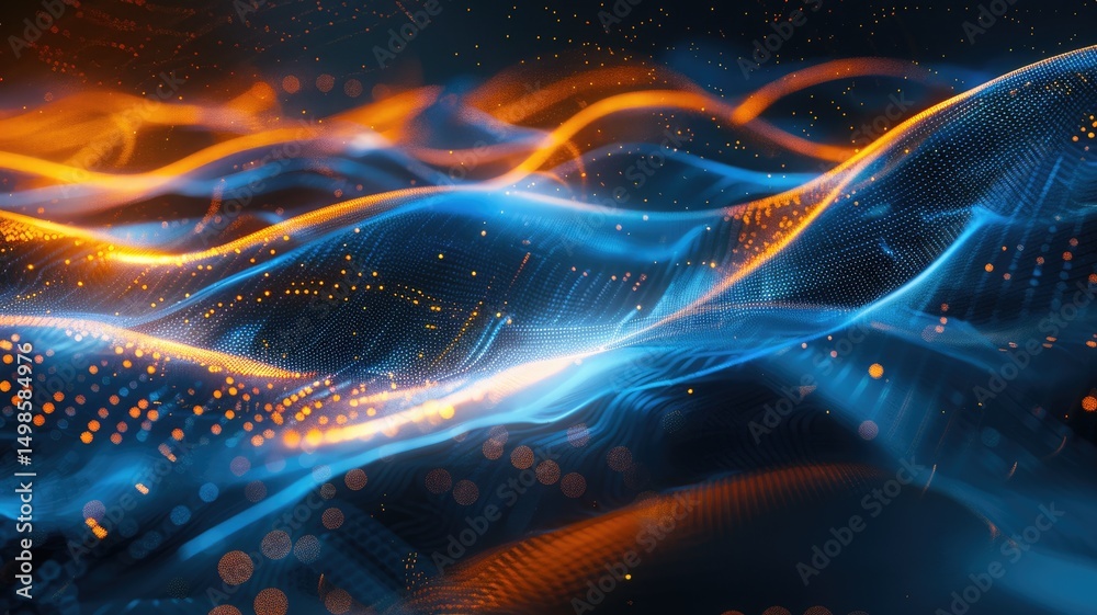 Poster abstract picture micro light sparkling particle represent data flow vivid flowing wave with high tec