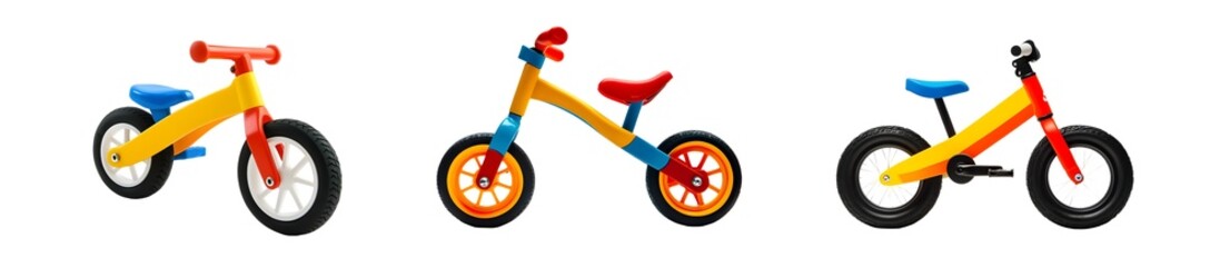 Fototapeta premium set of Colorful balance bikes for children displayed in a row. isolated on transparent background
