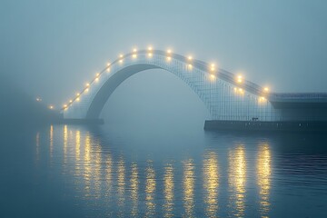 Obraz premium Illuminated modern architectural bridge glowing in the misty waters reflecting lights