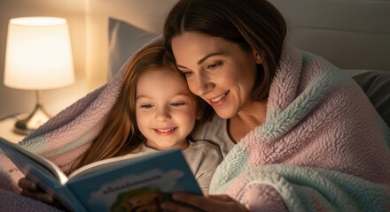 A mother accompanies her child reading a story book before going to bed.