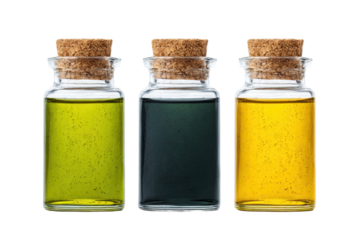Three glass bottles with green, blue, and yellow liquid and cork stoppers on black background, cut out