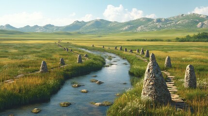 Obraz premium Ethnogeographic rendering of cultural routes combining pilgrimage tracks seasonal pasture trails and waystations with embedded ritual markers and stone cairns for orientation