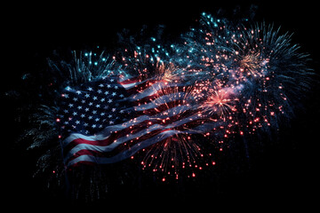  fireworks display is shown on a black background with a large American flag in the center. The flag is surrounded by a burst of colorful fireworks, creating a festive and celebratory atmosphere