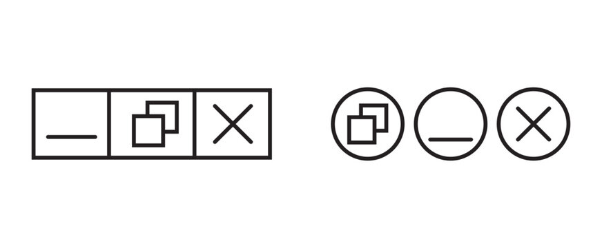 Browser web button icons. Close window icon. Maximize, minimize full icons set, minimize and maximize icon