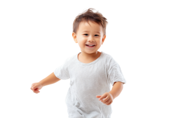 Smiling hispanic male toddler in white t-shirt joyfully running, cut out