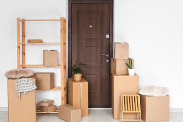Fototapeta premium Interior of hallway with shelving unit, houseplants and many parcels near door