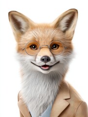 Visually striking , photorealistic of a fox wearing a school uniform with a blazer and glasses, isolated on white background,