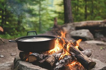 Enjoy a serene outdoor cooking experience by a campfire with a pot. The smoke and flames enhance the rustic feel of nature, perfect for camping adventures.