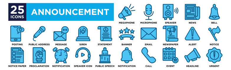 Announcement icon collection set. Containing Megaphone, Microphone, Speaker, News, Bell,