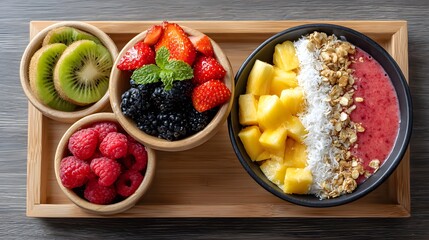 Delicious fruit bowl creation in a modern kitchen healthy snack culinary art indoor setting top-down perspective