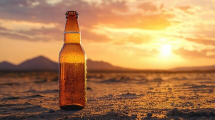 A bottle of beer with condensation against a dramatic desert landscape at sunset