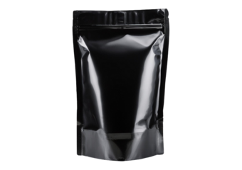 Black mylar stand up Pouch, no text or logo on the packaging Isolated on Transparent or White Background.